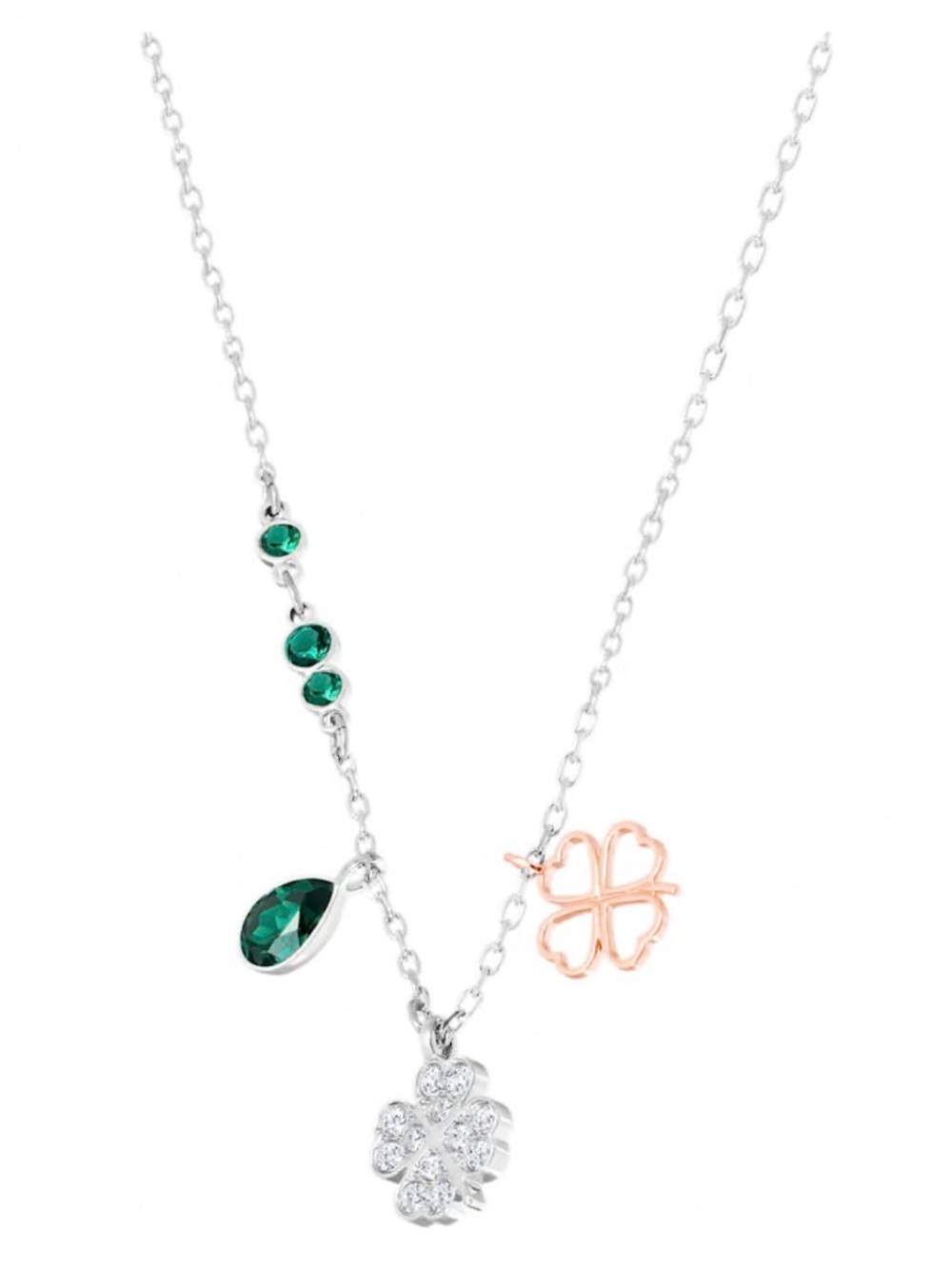 Swarovski Silver Necklace with Green Crystals and Rose-Gold Clover Charm